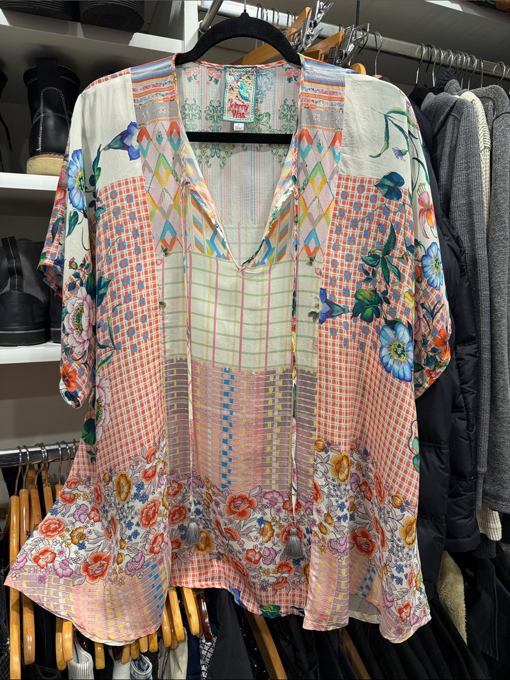 Johnny Was Pink Floral Patchwork V-Neck Tunic SIZE L